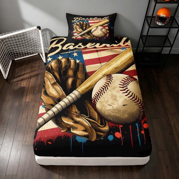 Manfei Baseball Twin Fitted Sheet, Sport Gamer Bedding, Red Blue Black 2-Piece, 1 Fitted Sheet and 1 Pillowcase