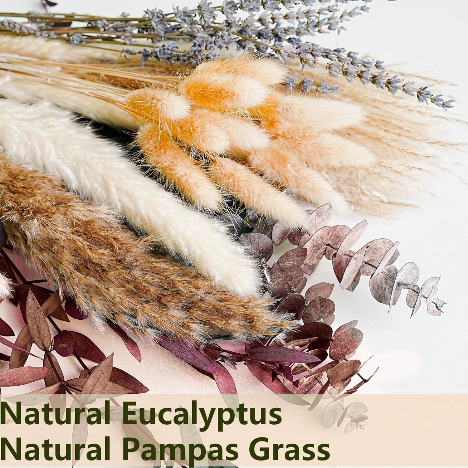 Fall Dried Flower Bouquet with Pampas Grass, Orange Bunny Tails, Lavender & Red Eucalyptus –Boho Fall Decor for Home, Vase, Porch & thanksgiving –Autumn Floral Arrangements