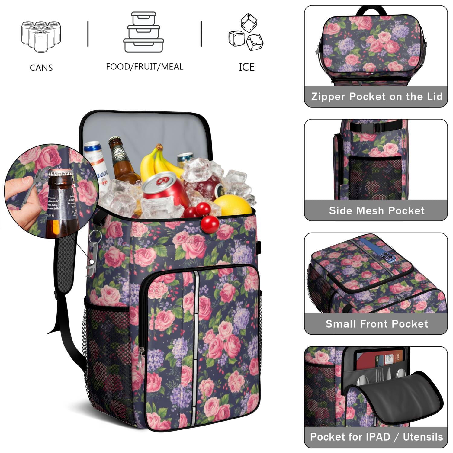 Travel Cooler Bag - Pioneer Flower Camping Beer Cooler Backpack with Bottle Opener- Waterproof Insulated Picnic Backpacks - Cooler Bag for Beach