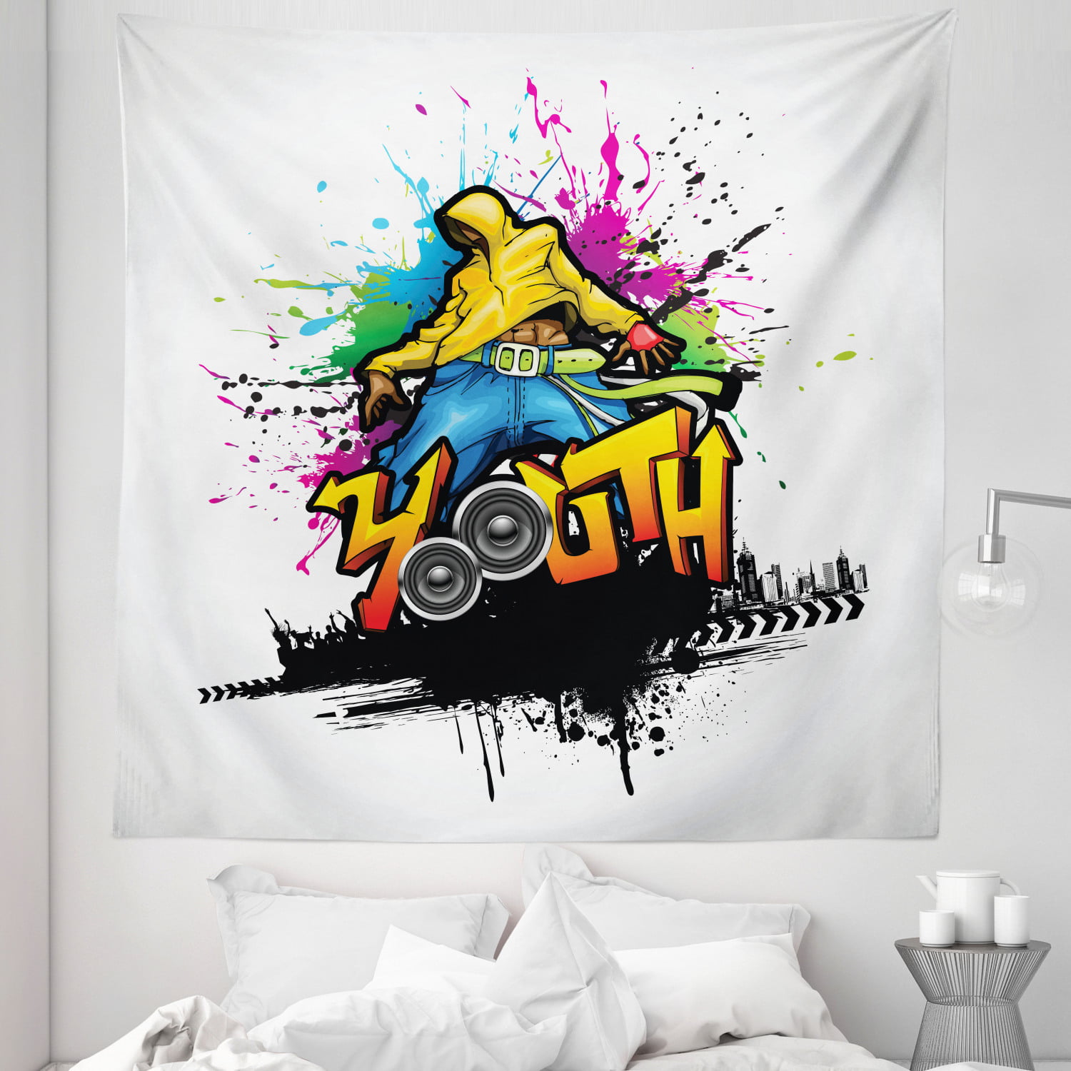 Youth Tapestry, Young Man Hip Hop Culture Graffiti Art and Street Culture  Performer Colorful Grunge, Fabric Wall Hanging Decor for Bedroom Living Room  Dorm, Sizes, Multicolor, by Ambesonne