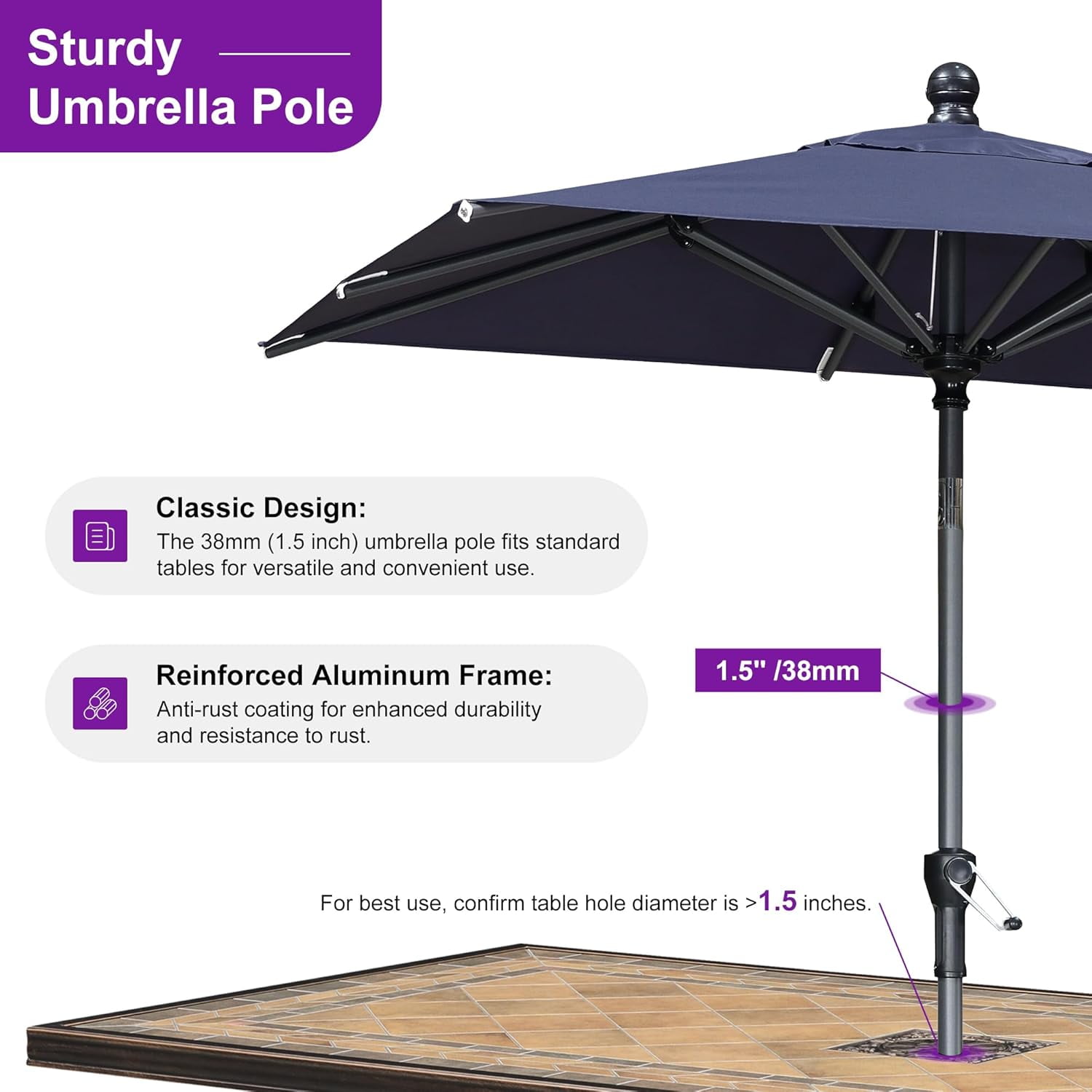 PURPLE LEAF 6' x 4' Rectangular Outdoor Table Umbrella with Crank and Tilt, Aluminum Frame Patio Market Sun Umbrella, 8 Sturdy Ribs, Navy Blue