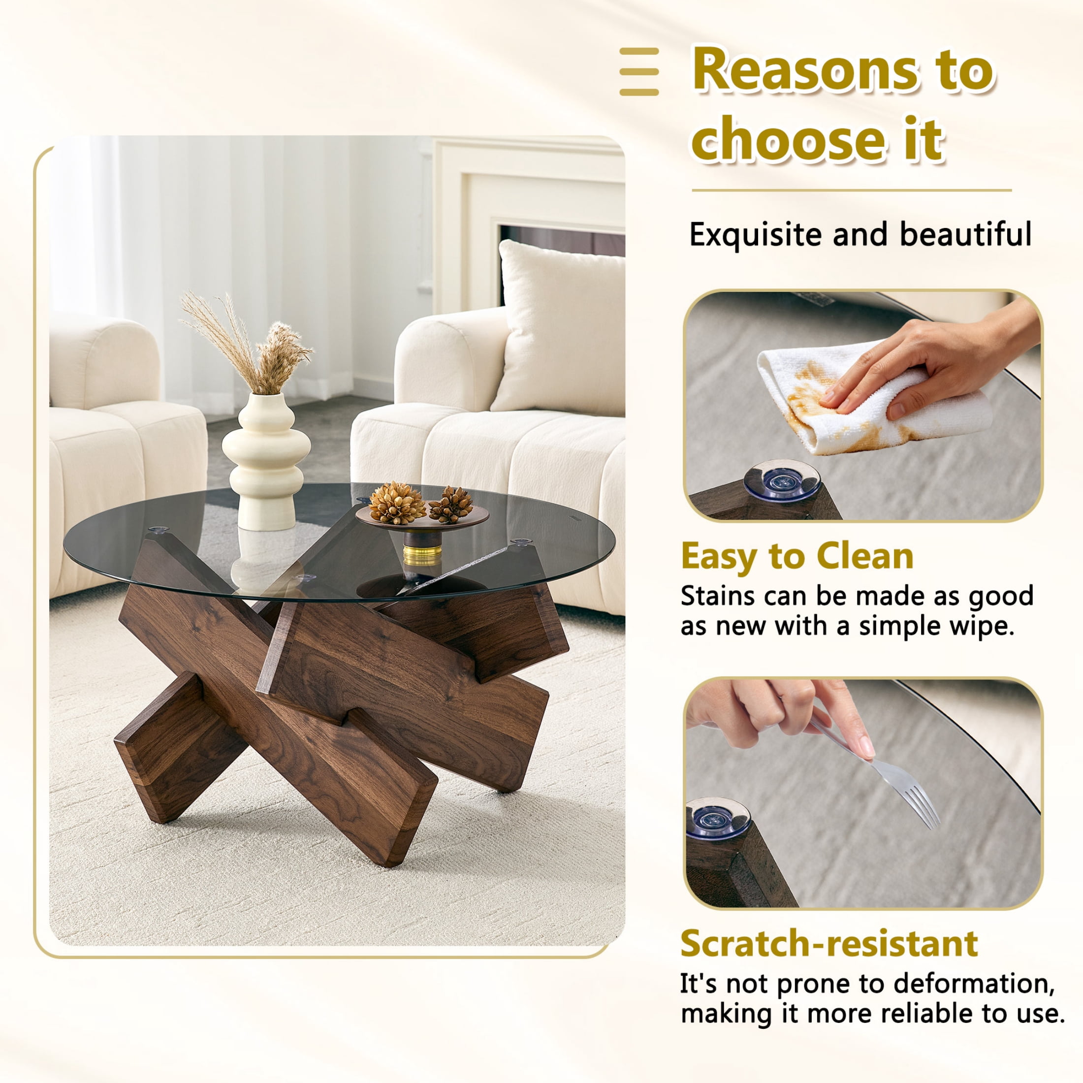 Vinform Round Coffee Table for Living Room, Gray Glass, Walnut