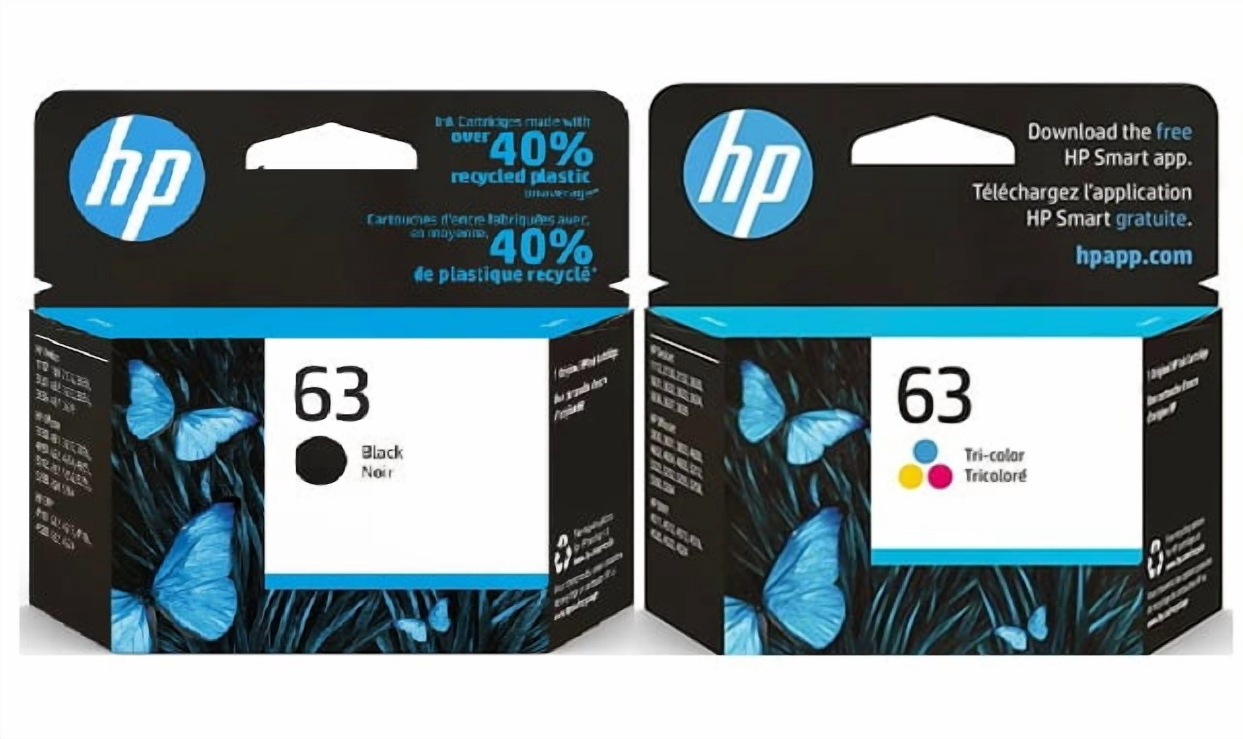 HP 63 Black, Tri-Color Ink Cartridge Printers (2-Pack), L0R46AN F6U61AN  F6U62AN Works with DeskJet 1112, 2130, 3630 Series; Envy 4510, 4520 (Sold Without Manufacturer Warranty)