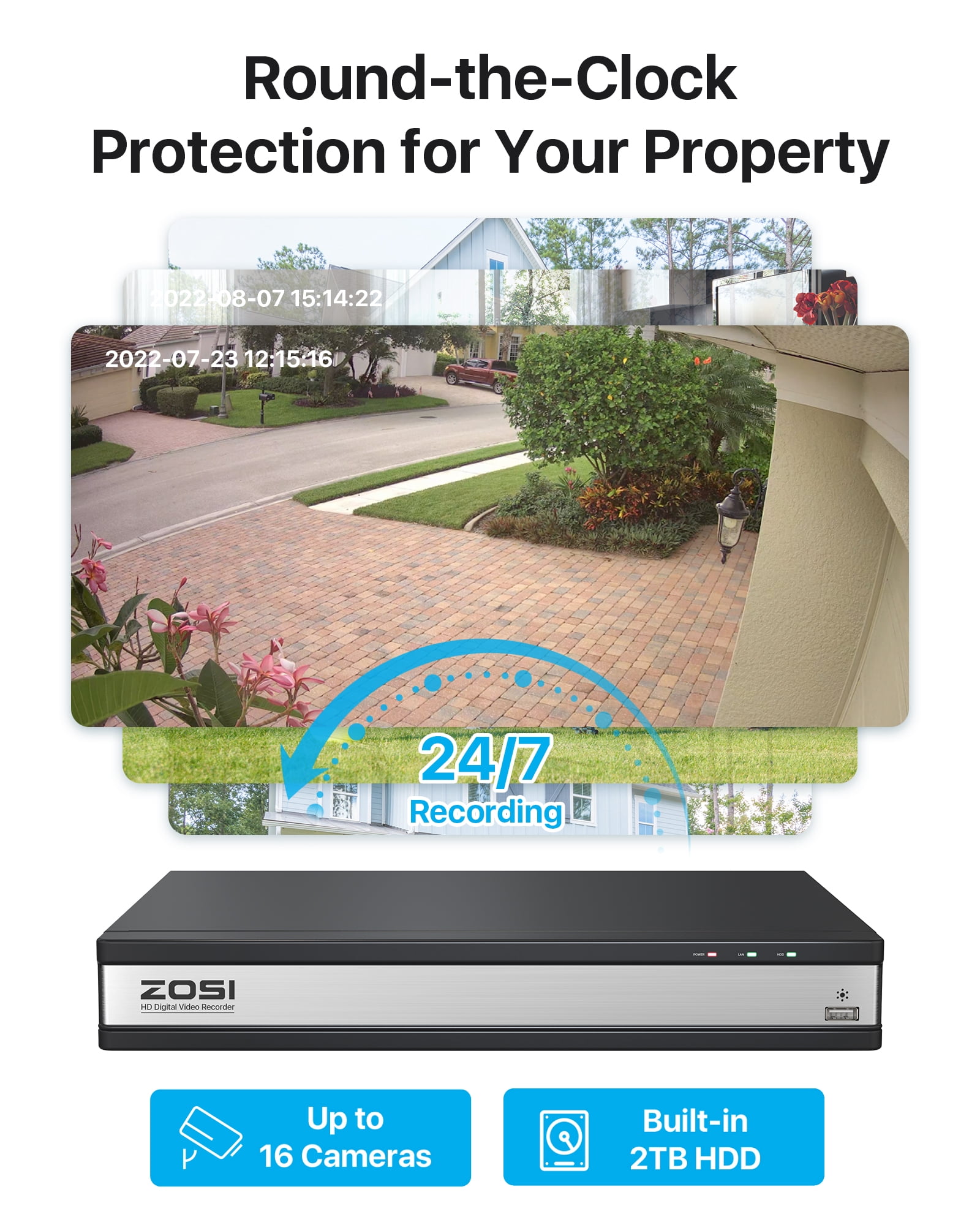 ZOSI H.265+ 16 Channel Security Camera System 1080p, HD DVR Recorder with 2TB Hard Drive, 16 x 2MP CCTV Bullet Wired Surveillance Camera Outdoor Indoor with 80ft Night Vision