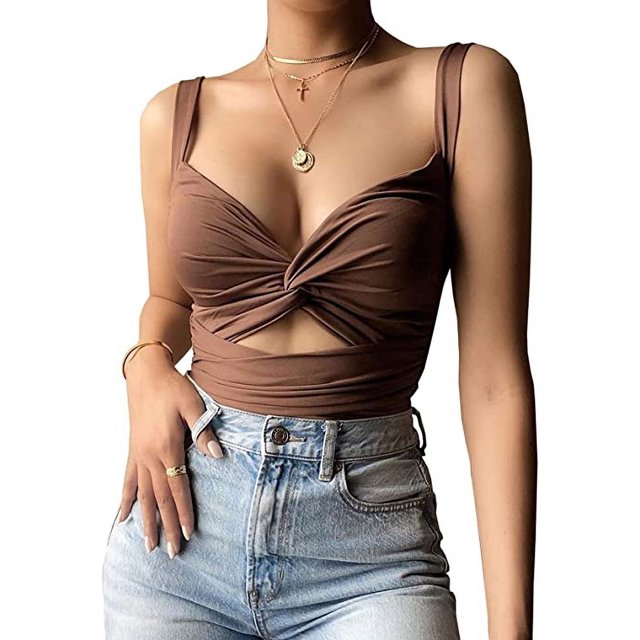 Camisola sin mangas con escote en V profundo y espalda abierta cruzada sexy para mujer Twisted (café)