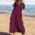 thumbnail image 2 of Linen Dress for Women Elastic High Waist Boho Maxi Dress Short Sleeve Dress Flowy Long Skirts Ankle Length Dress Casual Swing Long Beach Dress, 2 of 6