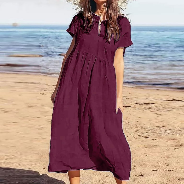 navy blue dress for baby girl Linen Dress for Women Elastic High Waist Boho Maxi Dress Short Sleeve Dress  Flowy Long Skirts Ankle Length Dress Casual Swing Long Beach Dress