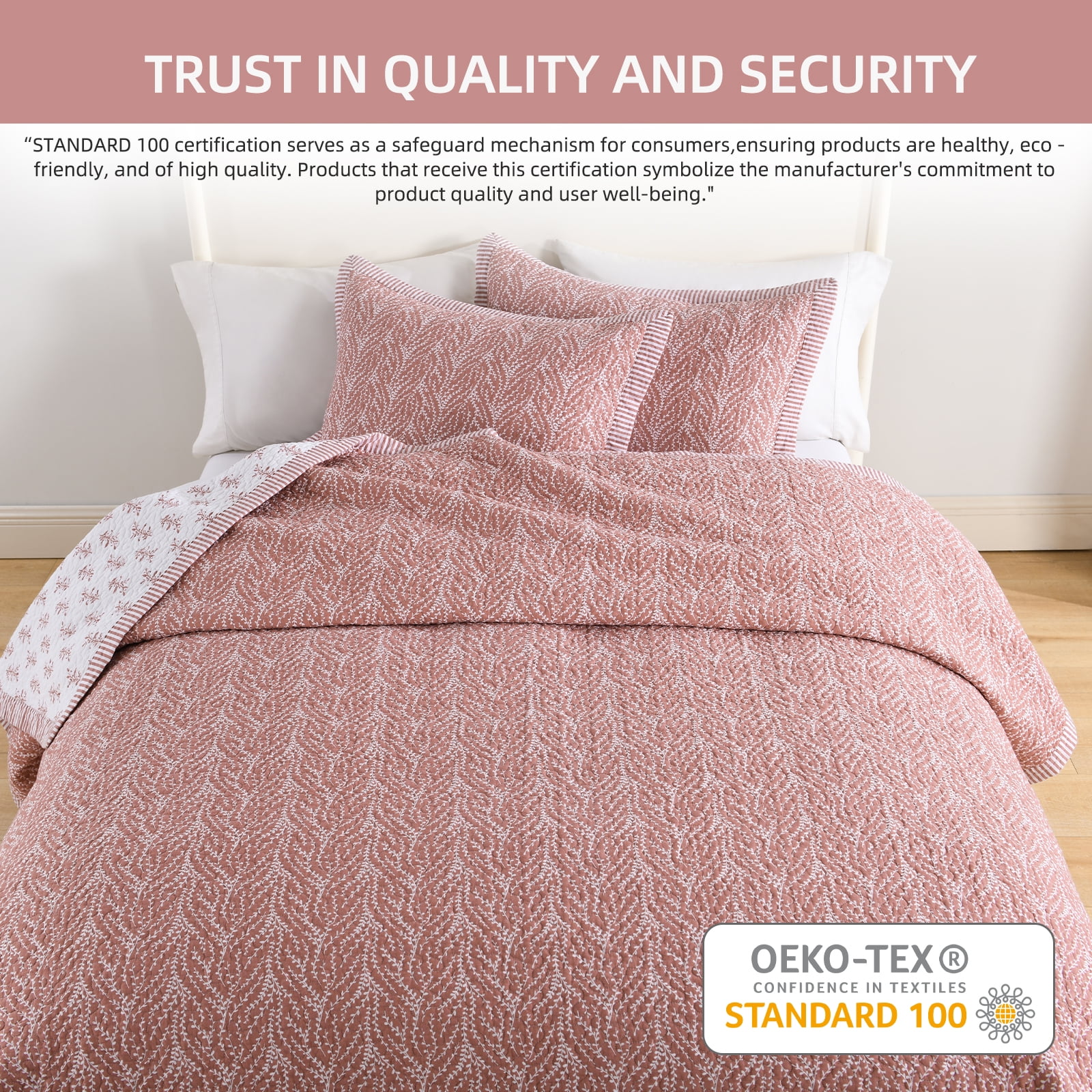 PANGUSHAN 100% Cotton Queen Quilt Set, Farmhouse Queen Size Quilt Bedding Set Bedspreads, Reversible Botanical Patterns Quilted Lightweight Comforter, Vintage Rose/White Bed Spread for Queen Bed