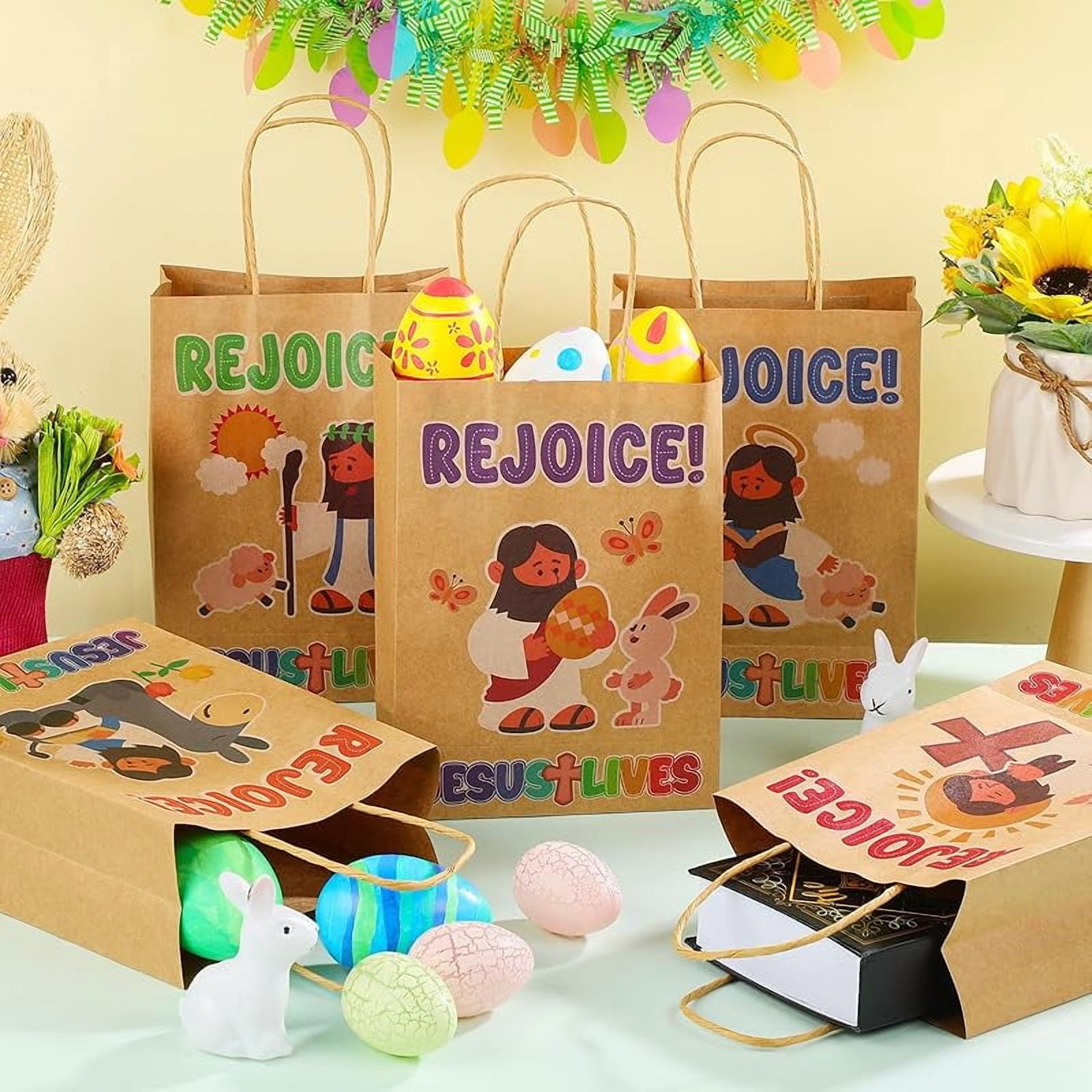 20 Pcs Easter Religious Gift Bags Bulk Christian Kraft Paper Rejoice Goody Bags with Handles Eggs Hunt Easter Theme Bible Sunday School Party Favor