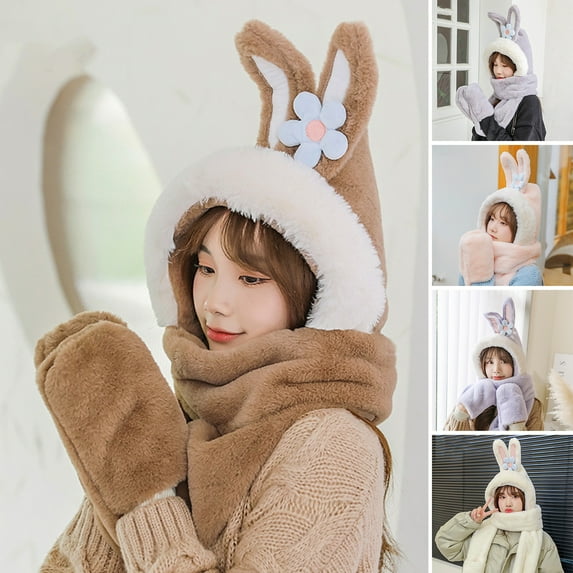 Women Winter 3 in 1 Hooded Hat Scarf Wrap Shawl Crochet Knit Pullover Neckwarmer