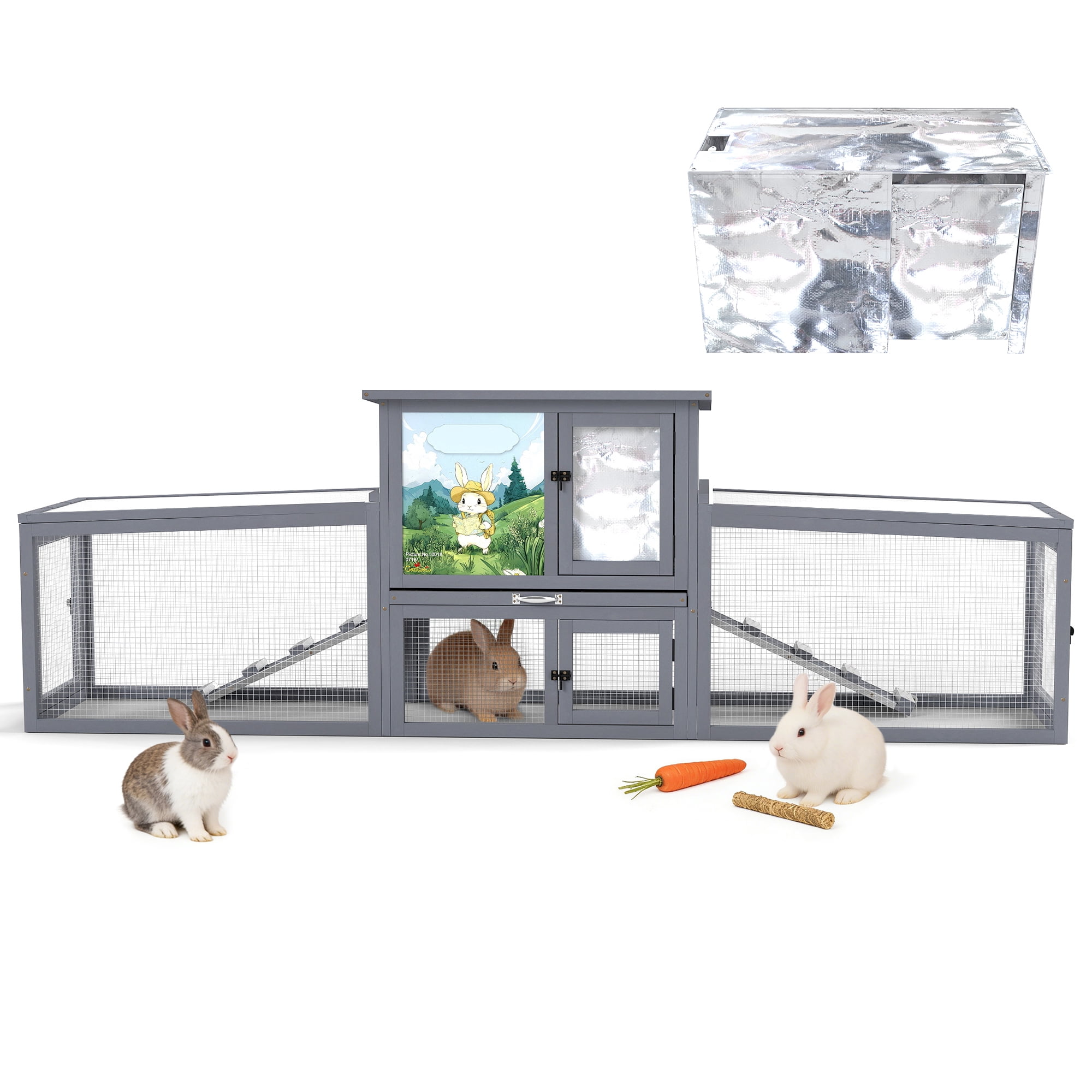 Insulated Outdoor Wood Rabbit Hutch Small Animal Enclosure House Pet Shelter Gray with Colorful Patterns