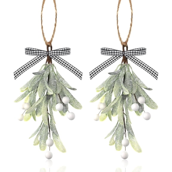 2/4 PiecesArtificial Mistletoe Pick Buffalo Plaid Bow White Berries Mistletoe Kissing Ball Christmas Mistletoe Hanging Ornament Christmas Tree Ornaments for Christmas Party Tree Decorations