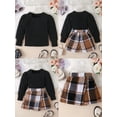 thumbnail image 2 of Pudcoco Kids Girl Fall Outfits Solid Color Square Neck Long Sleeve Tops Buttons Mini Plaid Skirts 2Pcs Clothes Set, 2 of 8