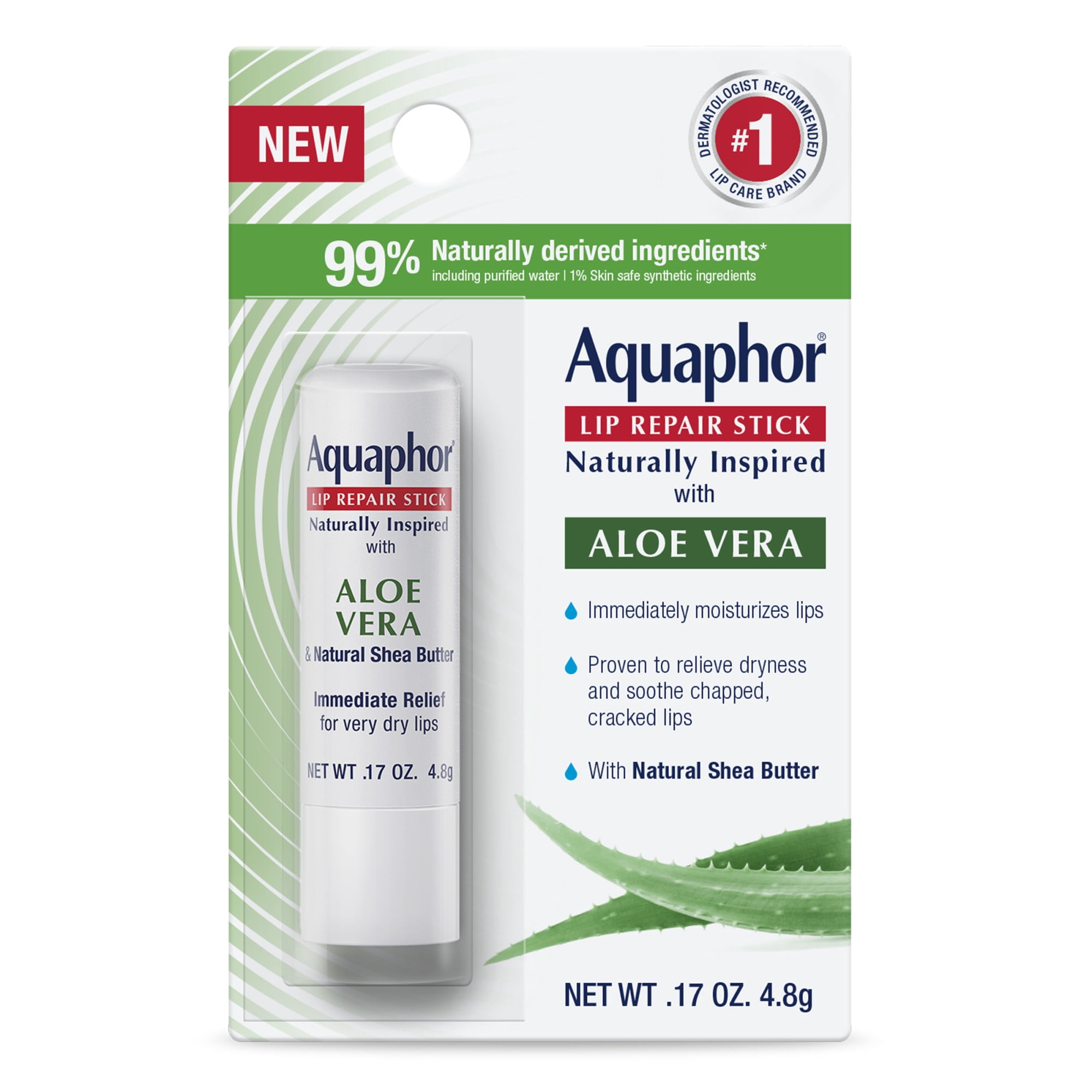 Aquaphor Naturally Inspired Lip Repair Balm Stick for Very Dry Lips with Aloe Vera, 0.17 oz