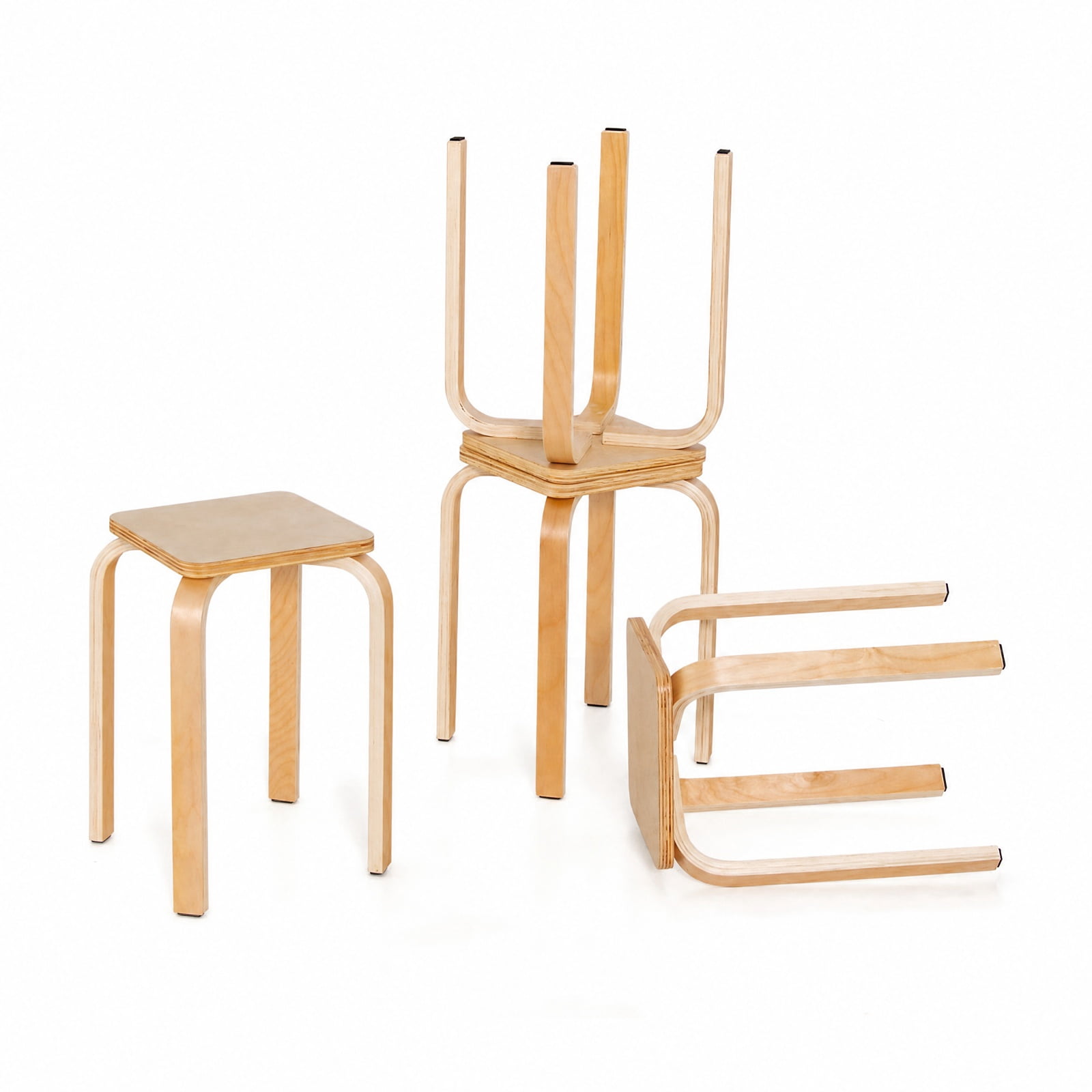 Furnibear Stackable Wood Stools Set of 4 with Square Top and Rounded Corners in Natural