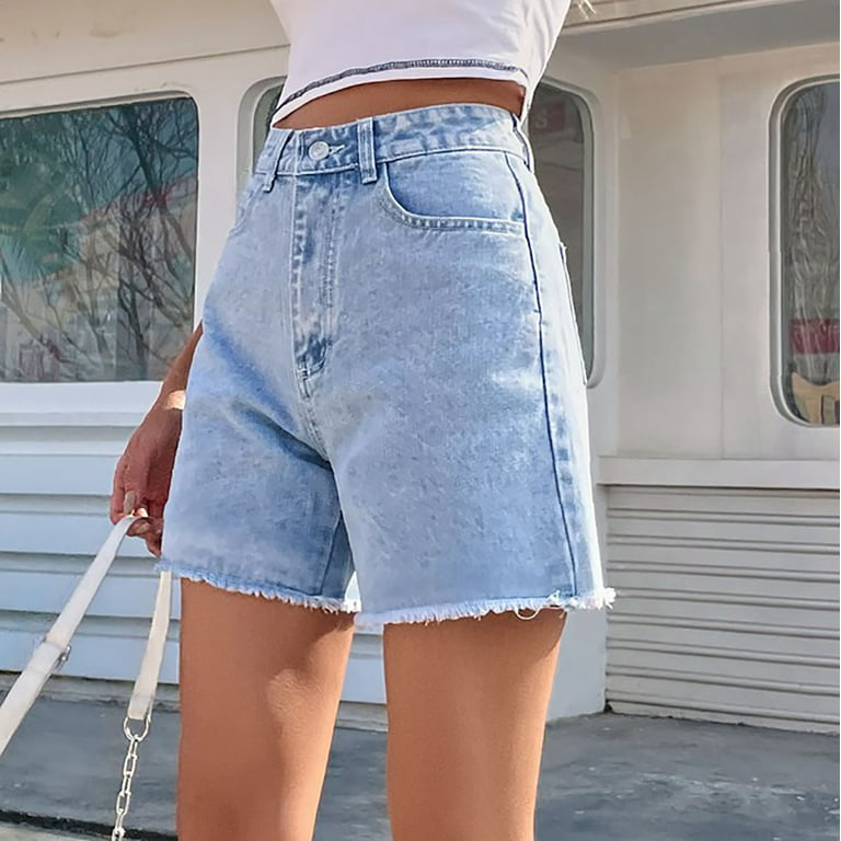 PBNBP Shorts for Women Summer Mid Waist Ripped Denim Shorts Stretchy Frayed  Raw Hem Distressed Jeans Shorts Loose Fit Street Shorts