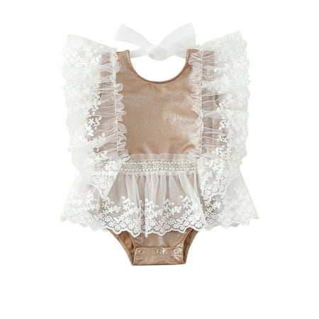 

Nokpsedcb Newborn Infant Baby Girls Summer Romper Dress Sleeveless Round Neck Tie Knot Lace Patchwork Bodysuit Khaki 12-18 Months