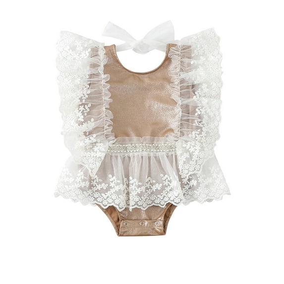 Seyurigaoka Baby Girls Summer Cute Romper, Sleeveless Round Neck Tie Knot Lace Patchwork Bodysuit