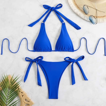 Odbmxy Swimsuits for Women Plus 2 Piece Halter Triangle Bathing Suits for Women Plus Size Bikini Vacation Padded Swimwear Blue M