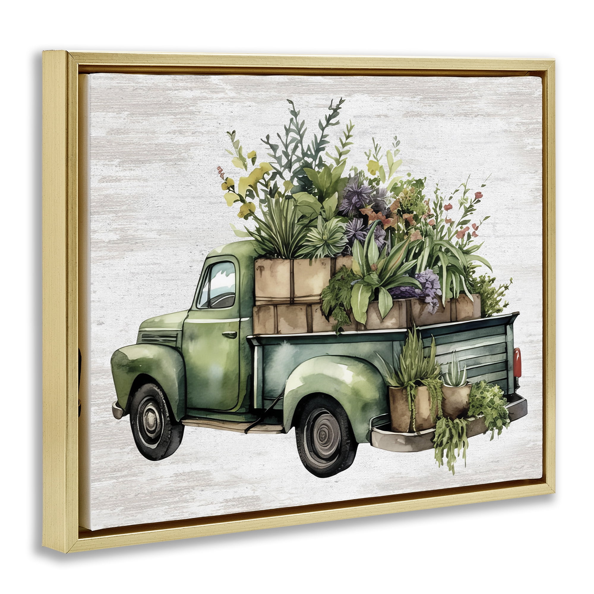 Stupell Industries Greenery Filled Truck Transportation Painting Gold Floater Framed Canvas Art Print Wall Art, 21 x 17