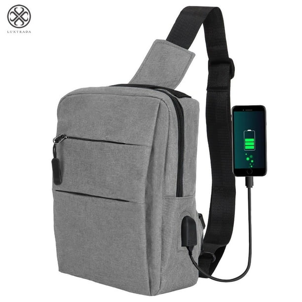 Luxtrada Men Sling Bag Casual Bag Chest Bag with Handle Adjustable Strap with USB Charging Outdoor Hiking Travel Gray