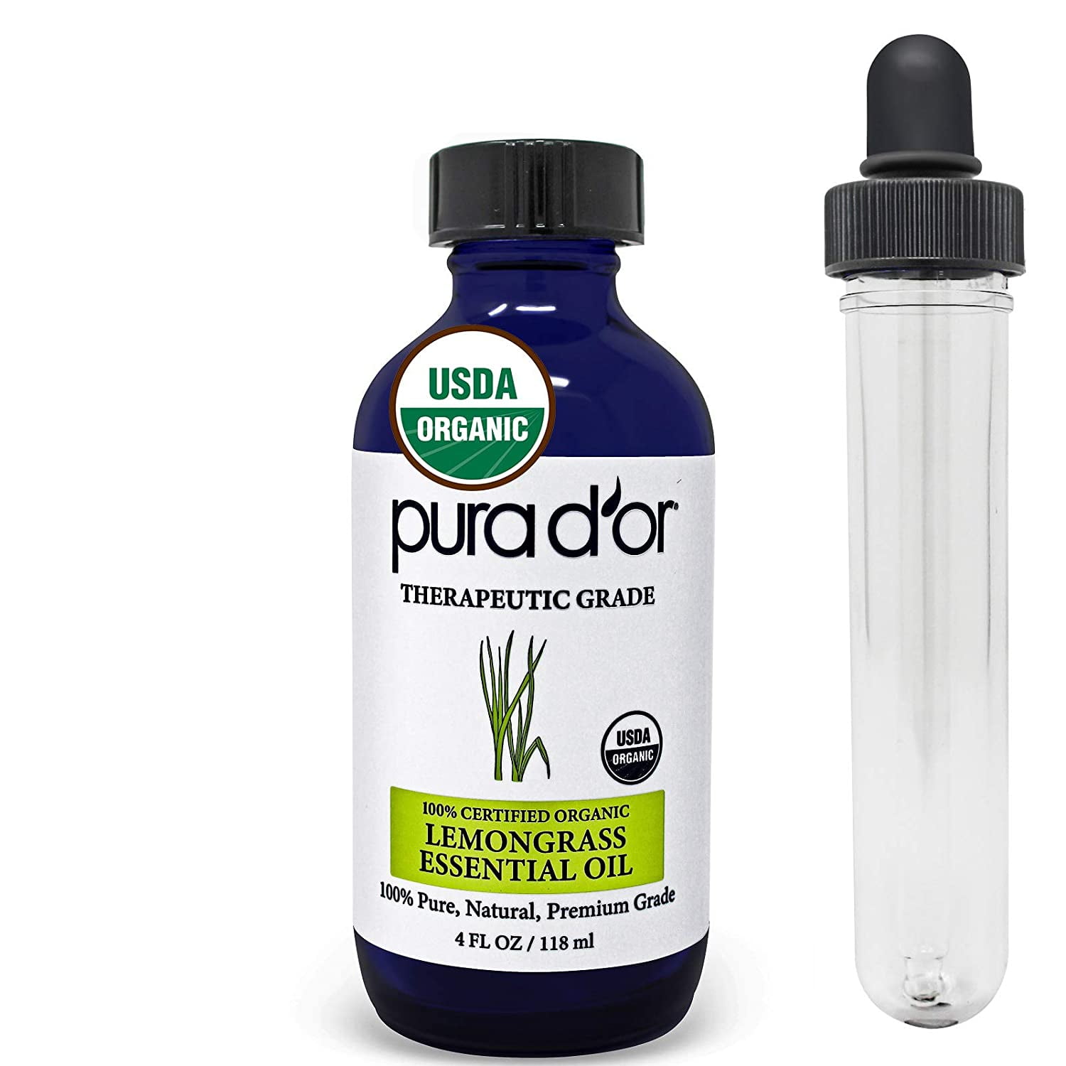PURA D'OR Organic Lemongrass Essential Oil (4oz with Glass Dropper) 100% Pure & Natural Therapeutic Grade for Hair, Body, Skin, Aromatherapy Diffuser, Relaxation, Massage, Vitality, Home, DIY Soap