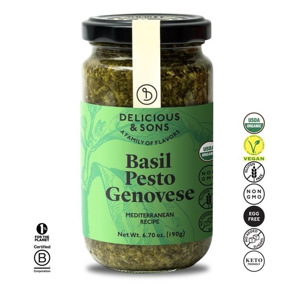 Delicious & Sons Organic Basil Pesto Genovese, Authentic Italian Pesto Sauce, 6.7 oz