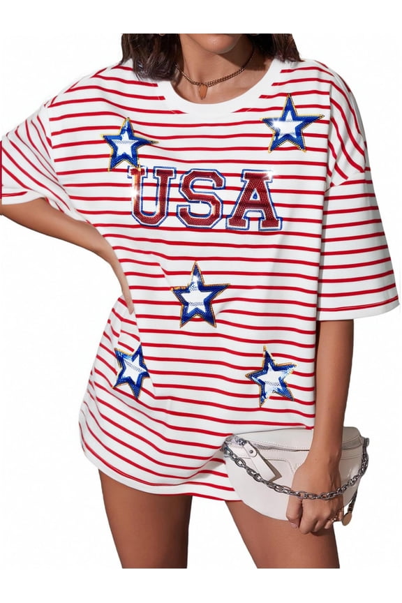 Women USA Shirts Oversized Sequin Stars Graphic Tee American 4th of July Striped Shirt Patriotic Clothes Tops