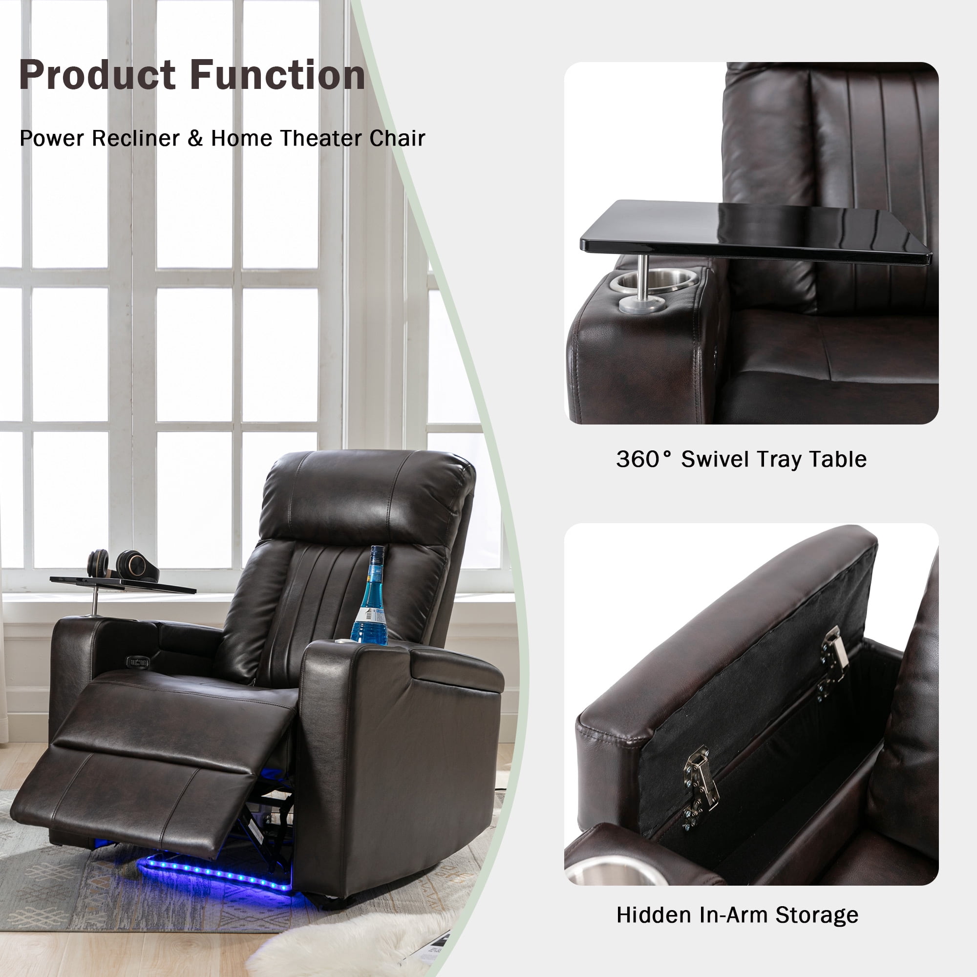 Euroco Premium Power Recliner with Storage Arms, Cupholders, Swivel Tray Table and Cell Phone Stand,Brown(Old Sku:SG000710AAD)
