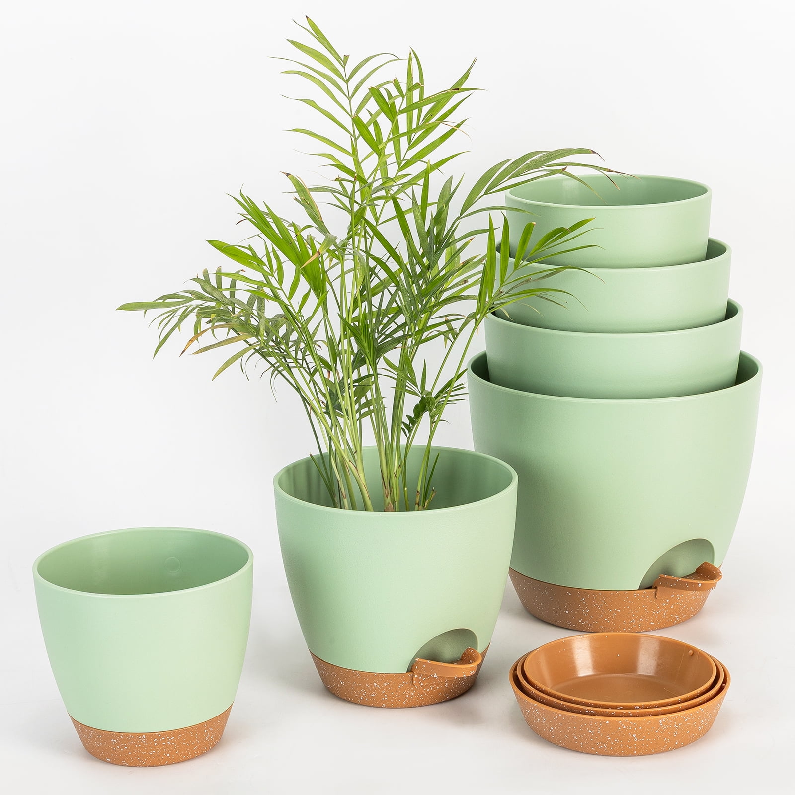 6 Pack Self Watering Plant Pots, Kabaqoo Plastic Planters with Drainage Holes and Saucers, Flower Pots for Indoor Outdoor Garden Plants