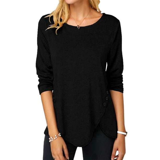 Esobo Womens Casual Long Sleeve Tunic Shirts Round Neck Button Side ...