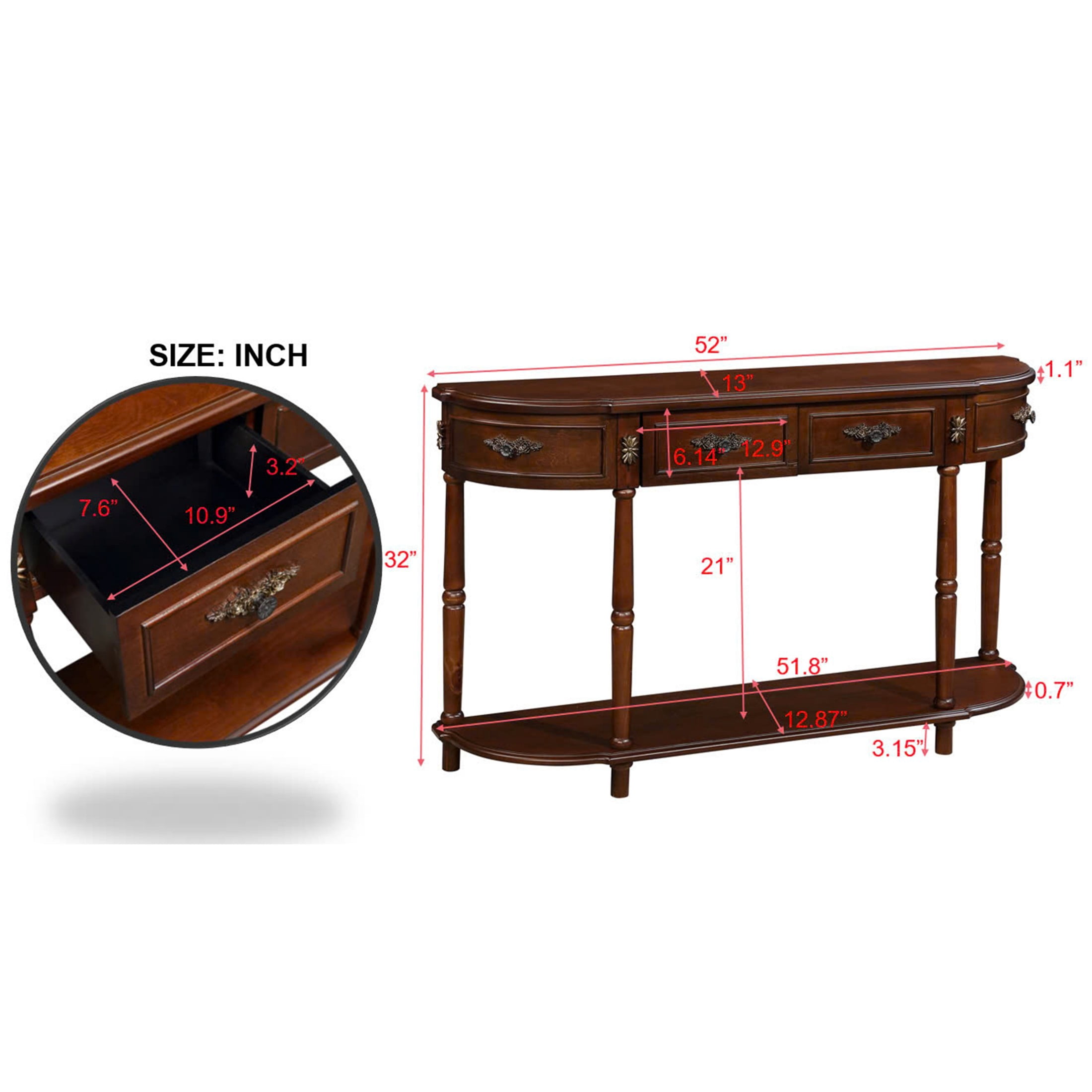 Aukfa Console Table, 52" Retro Half Moon Sofa Table with 2 Drawers and Shelf for Living Room/Hallway, Cherry
