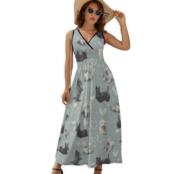 Westies & Scottie Dogs Dress Summer Street Style Bohemia Long Dresses Female Sleeveless Printed Maxi Dress
