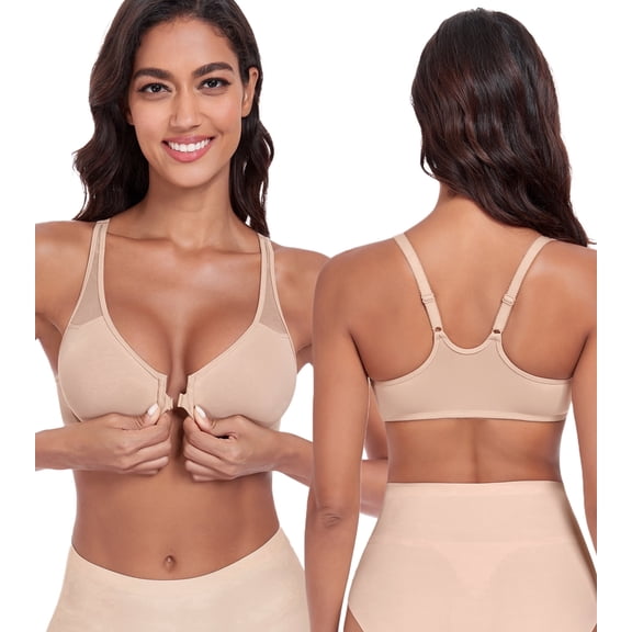 Exerin Women's Front Close Unlined Underwire V-Neck Racerback Bra(40B,Beige)