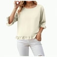 thumbnail image 2 of Towmus Womens 3/4 Sleeve Tops Knit Cotton Ladies Blouses Crew Neck T Shirts for Women Loose Fit Ruffle Sleeve Tunic Tops, XL, Beige, 2 of 8