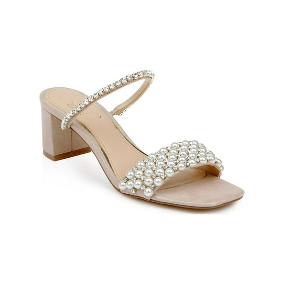 BADGLEY MISCHKA Womens Silver Embellished Orsen Square Toe Block Heel Slip On Heeled Sandal 7.5