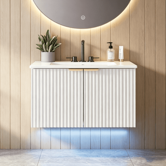 EVOKEDEN 30" Wall Mounted Floating Vanity Cabinet with LED Light, Metal Handle & Double Soft-Close Doors, White