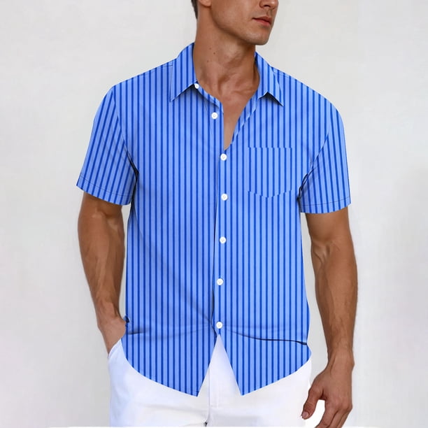 Blusa y camisa de manga corta con cuello vuelto y botones para hombre, estilo cárdigan vertical de manga corta con cuello vuelto y bolsillo, blusa de poliéster para hombre