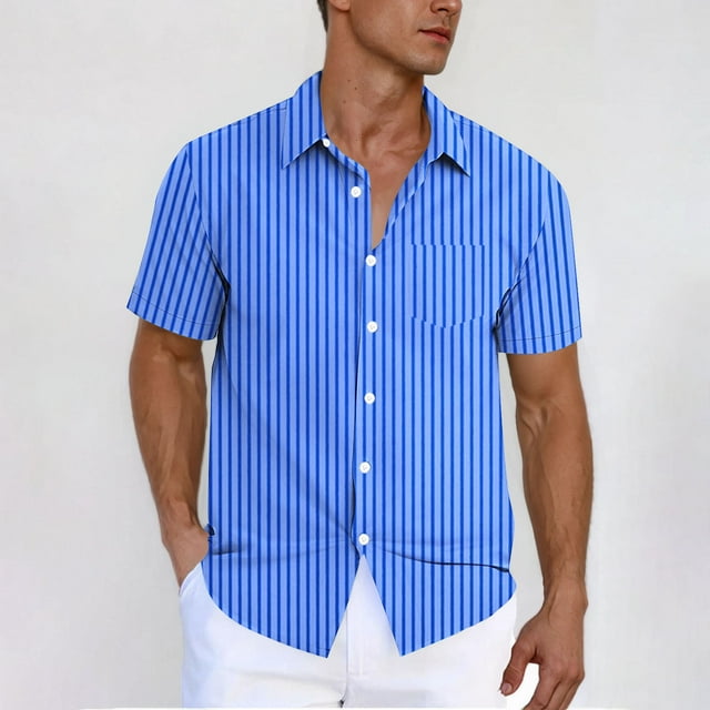 Liquidation d'Été Ofreoo Chemise Cardigan à Manches Courtes Verticales Col Rabattu avec Boutons et Poches pour Hommes