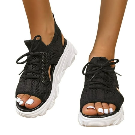 Oyedens Footbed Fashion Sneakers Sandals Mesh Lace Up Cutout Platform Wedge Walking Comfort Sandals Shoes