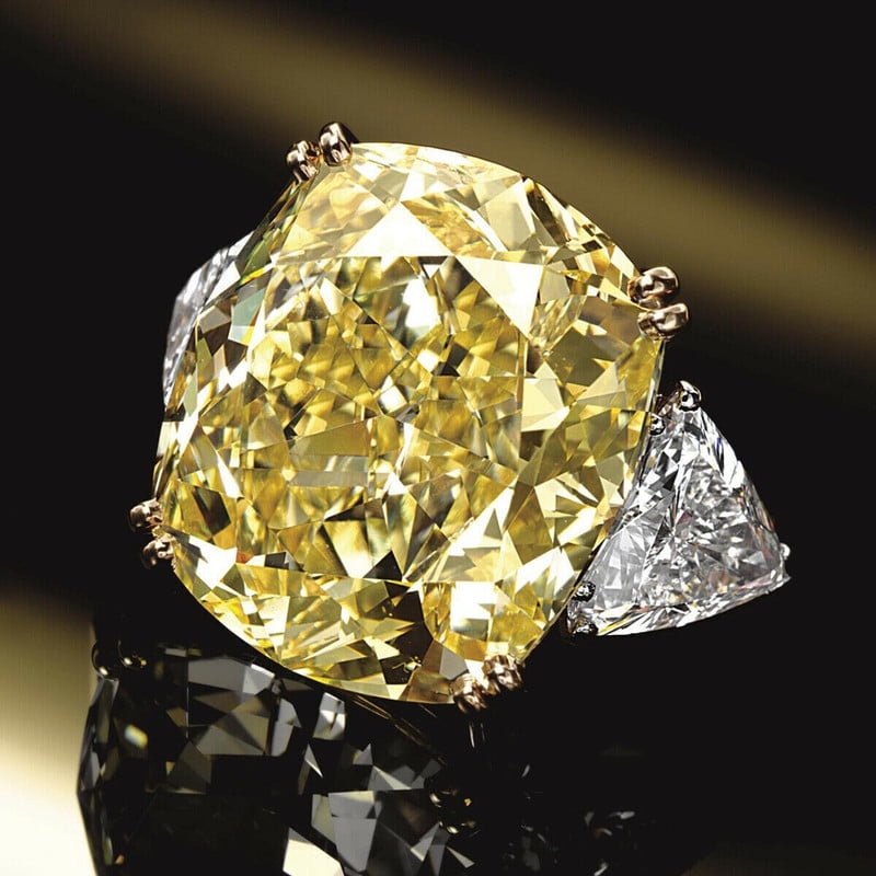 4Ct Lab Created Cushion Canary Diamond Three Stone Engagement Ring 14K Yellow Gold Finish