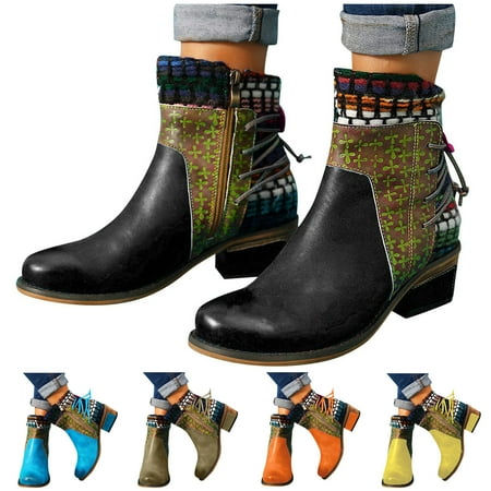 

Fesfesfes Womens Boot Vintage Splicing Round Toe Heel Boots Thick Heel Short Shoes 9.5(43)