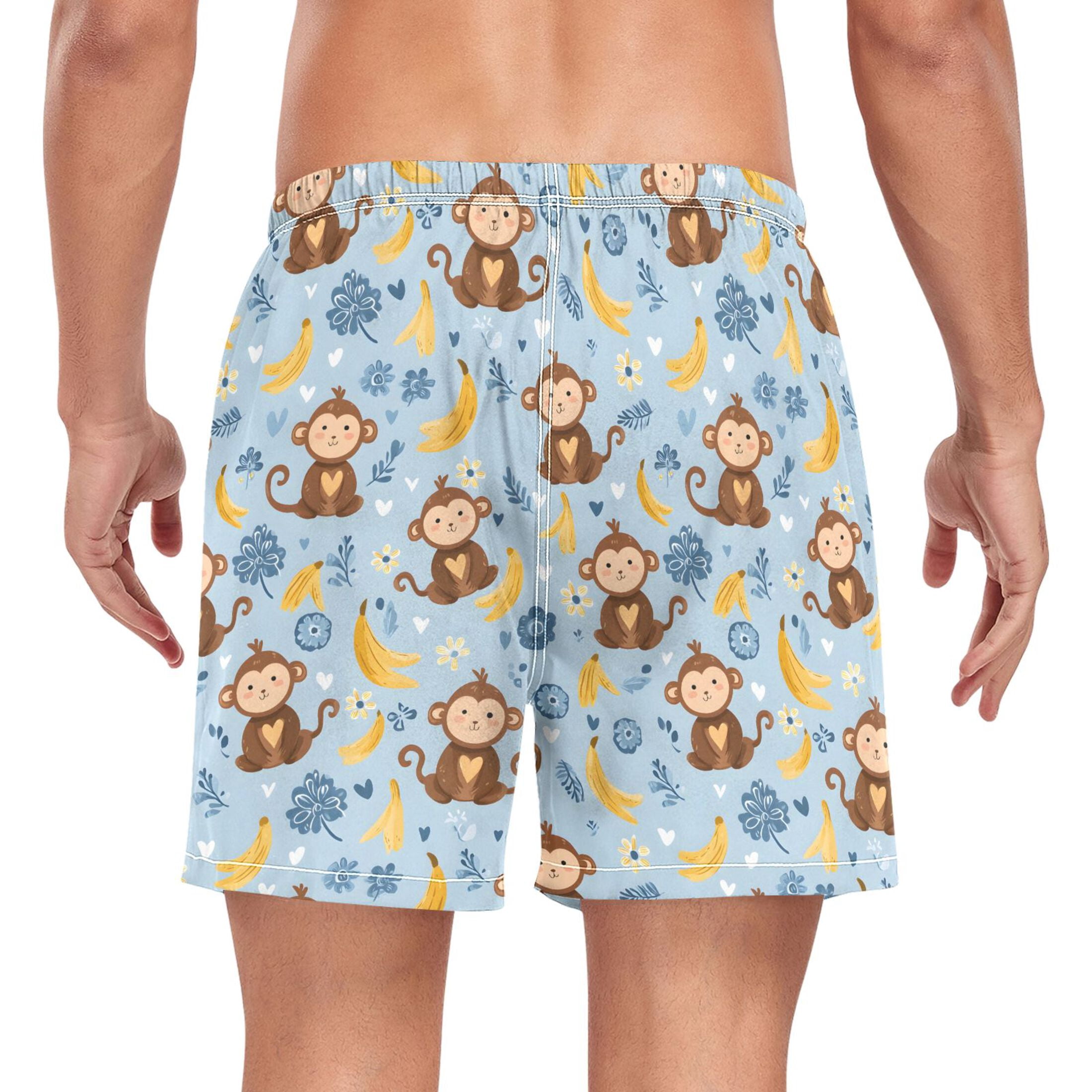 joogoo Men's Cartoon Monkey Bananas Swim Trunks with Liner Pocket Beach Shorts M