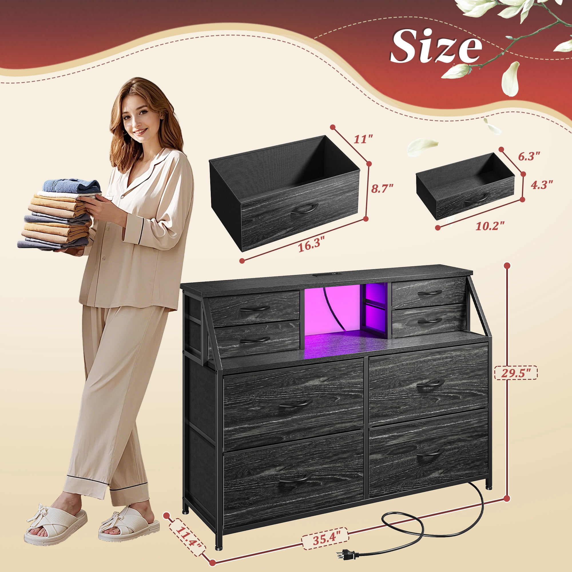 Romorgniz Dresser for Bedroom with 8 Fabric Drawers White Dresser with LED Lights & Charging Station & Open Shelf for Living Room and Entryway