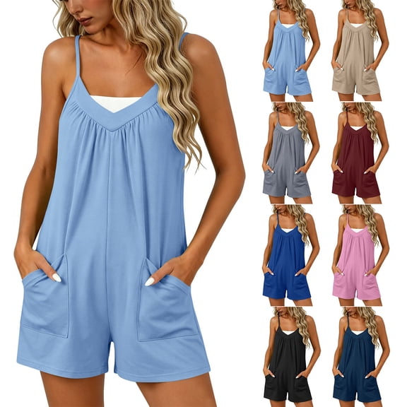 AHTJRT Short Jumpsuits for Women Baggy Loose Fit V Neck Wide Leg Boho Summer Rompers with Adjustable Spaghetti Straps and Pockets Navy M