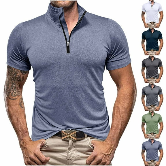 Hinvhai Men's Stand Collar Half Zipper Short Sleeve T-Shirt Summer Slim Fit Quick Dry Tops Breathable Running Sports Gym Tees White 10(XL)