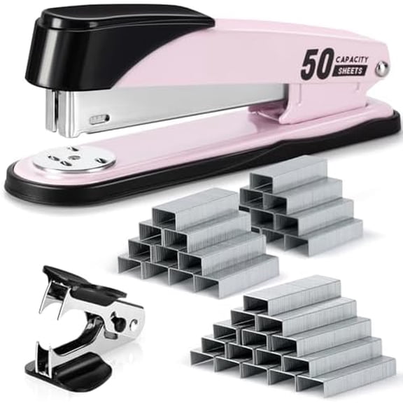 Stapler Heavy Duty, Full Strip Staplers for Desk with 2000 Staples and Staple Remover, 50 Sheet Capacity, No Jam, Non-Slip Office Stapler with Staples for Office, Classroom, Pink