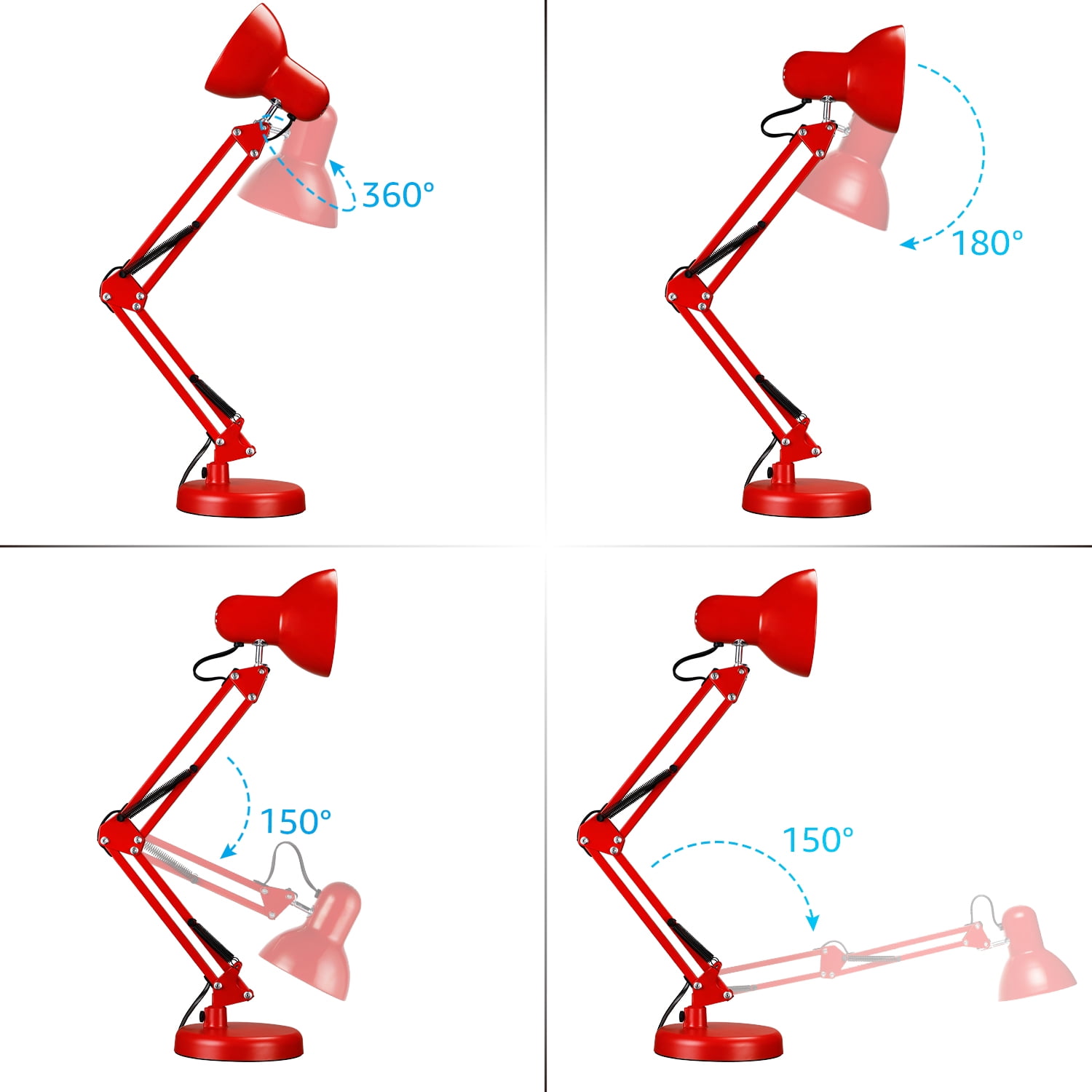 LED Metal Swing Arm Desk Lamp, Architect Table Lamp, Pixar Multi-Joint Adjustable Desk Lamp, Task Light for Office Bedroom Dorm Workbench Reading Study Work, Red
