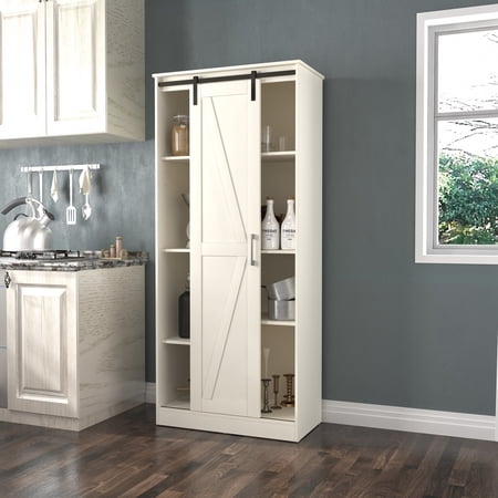 Woven Paths Shelton Wood Kitchen Pantry with 1 Sliding Barn Door, Ivory