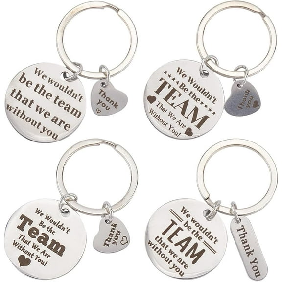 4Pcs 4 Styles Retirement Gift Keychain Team Key Chains Silver Round Words Employee Thank You Stainless Steel Charms Keychains Accessories for Handbags Car Keys Bags Purse DIY Decor